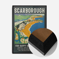 vintage Scarborough seaside poster print in a black wood frame, side profile