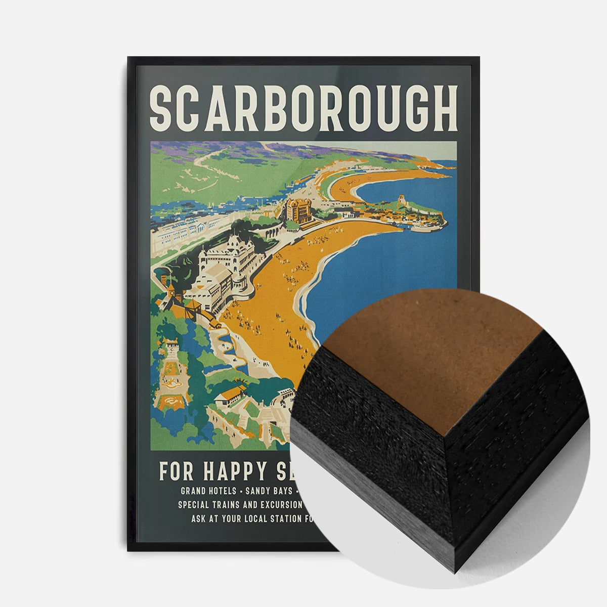 vintage Scarborough seaside poster print in a black wood frame, side profile