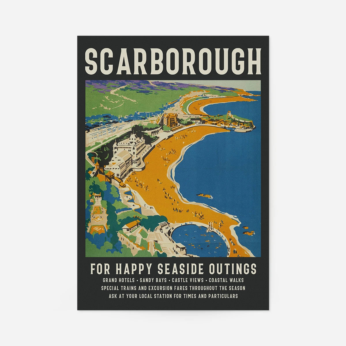 Scarborough vintage travel poster print showing golden sands, grand hotels and blue sea in retro style