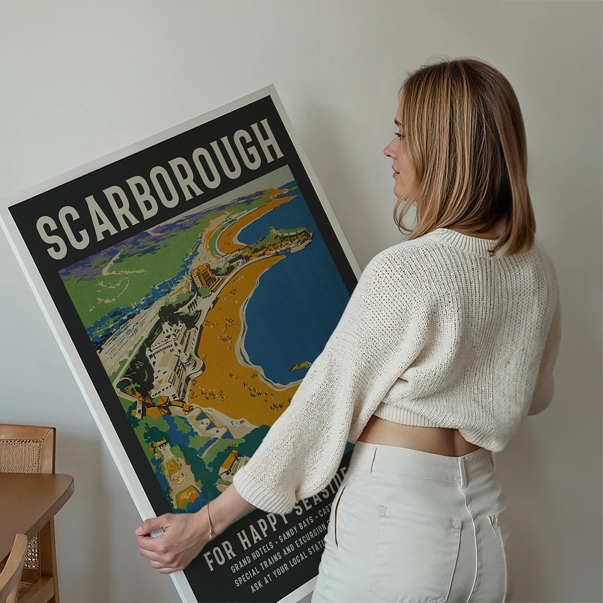 Scarborough vintage travel poster print displayed on a living room wall