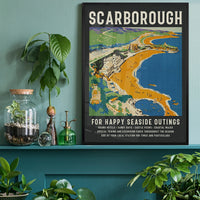 Vintage Scarborough seaside poster on a home office wall