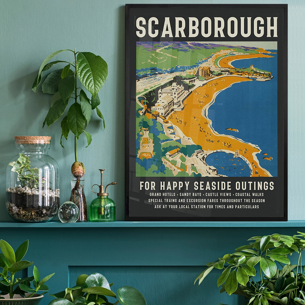Vintage Scarborough seaside poster on a home office wall