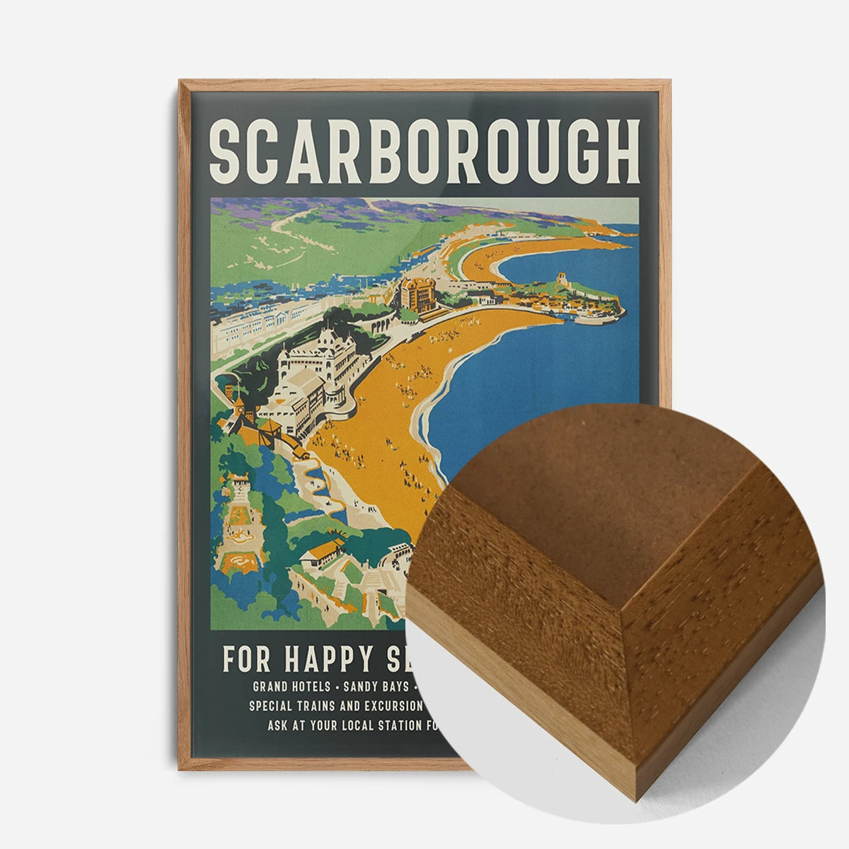 vintage Scarborough seaside poster print in an oak wood frame, side profile