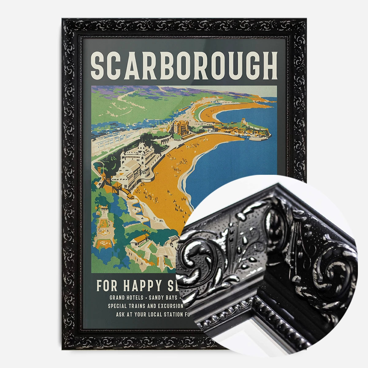 vintage Scarborough seaside poster print in a black ornate frame, side profile