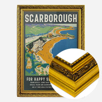 vintage Scarborough seaside poster print in a gold ornate frame, side profile