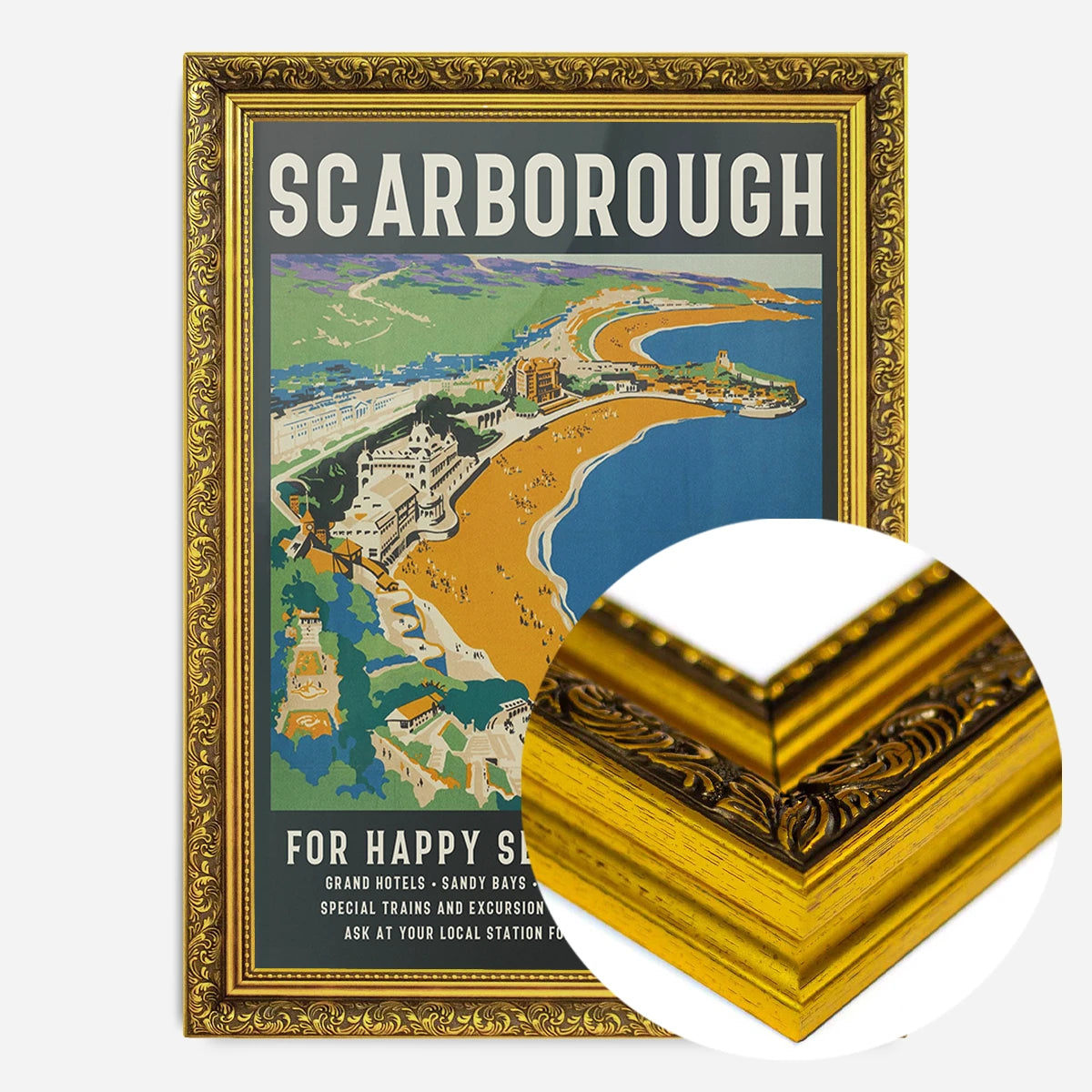 vintage Scarborough seaside poster print in a gold ornate frame, side profile