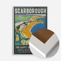 vintage Scarborough seaside poster print in a white wood frame, side profile