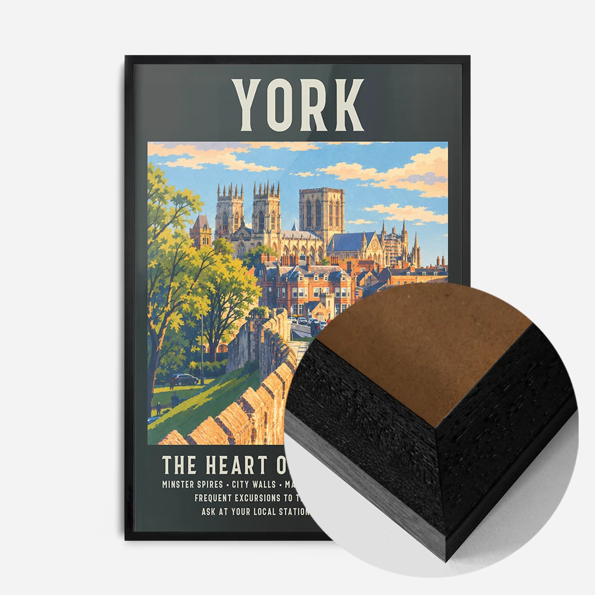 York Minster city walls print in a black wood frame, side profile