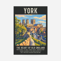 Vintage travel poster style York art print showing York Minster, the city walls and a bustling street