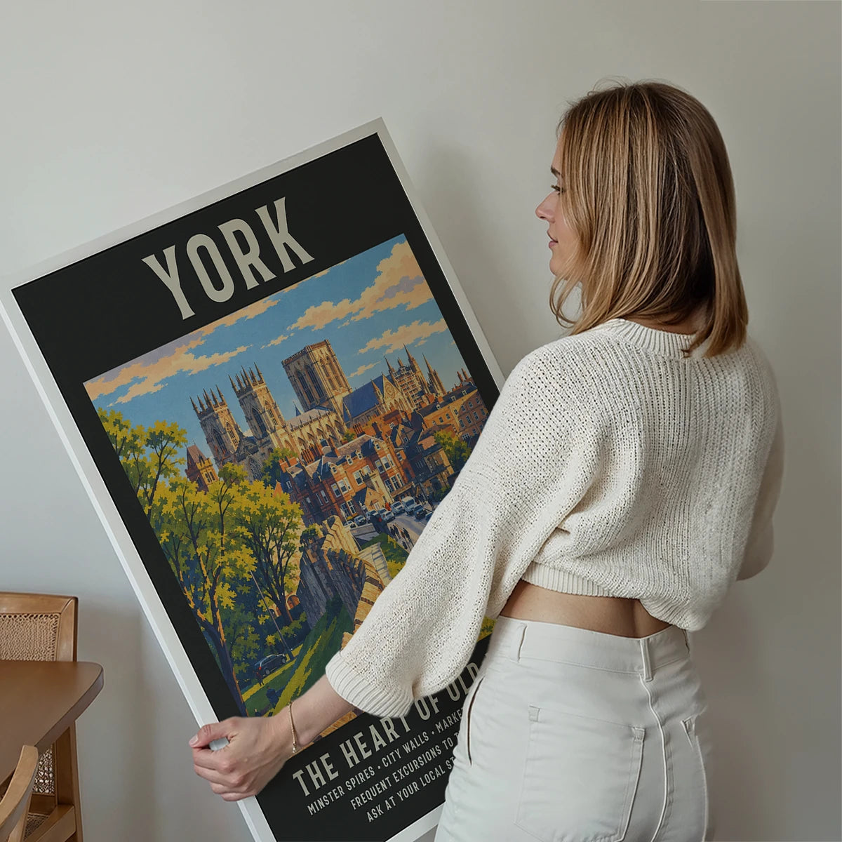 York art print displayed in a living room as a vintage travel poster of the Minster and city walls