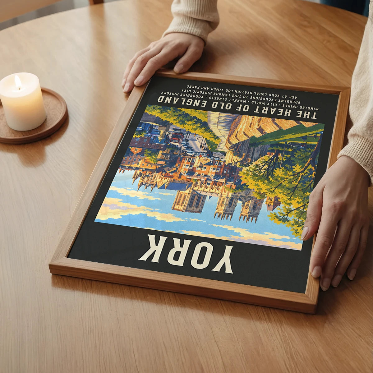 The print of York's city walls and spires in a calm bedroom setting