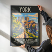 York city landscape artwork on a kitchen wall in vintage poster style