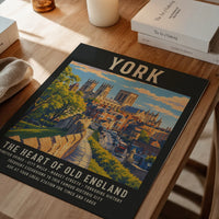 Vintage York travel poster print in a dining room, showing the Minster and old city walls