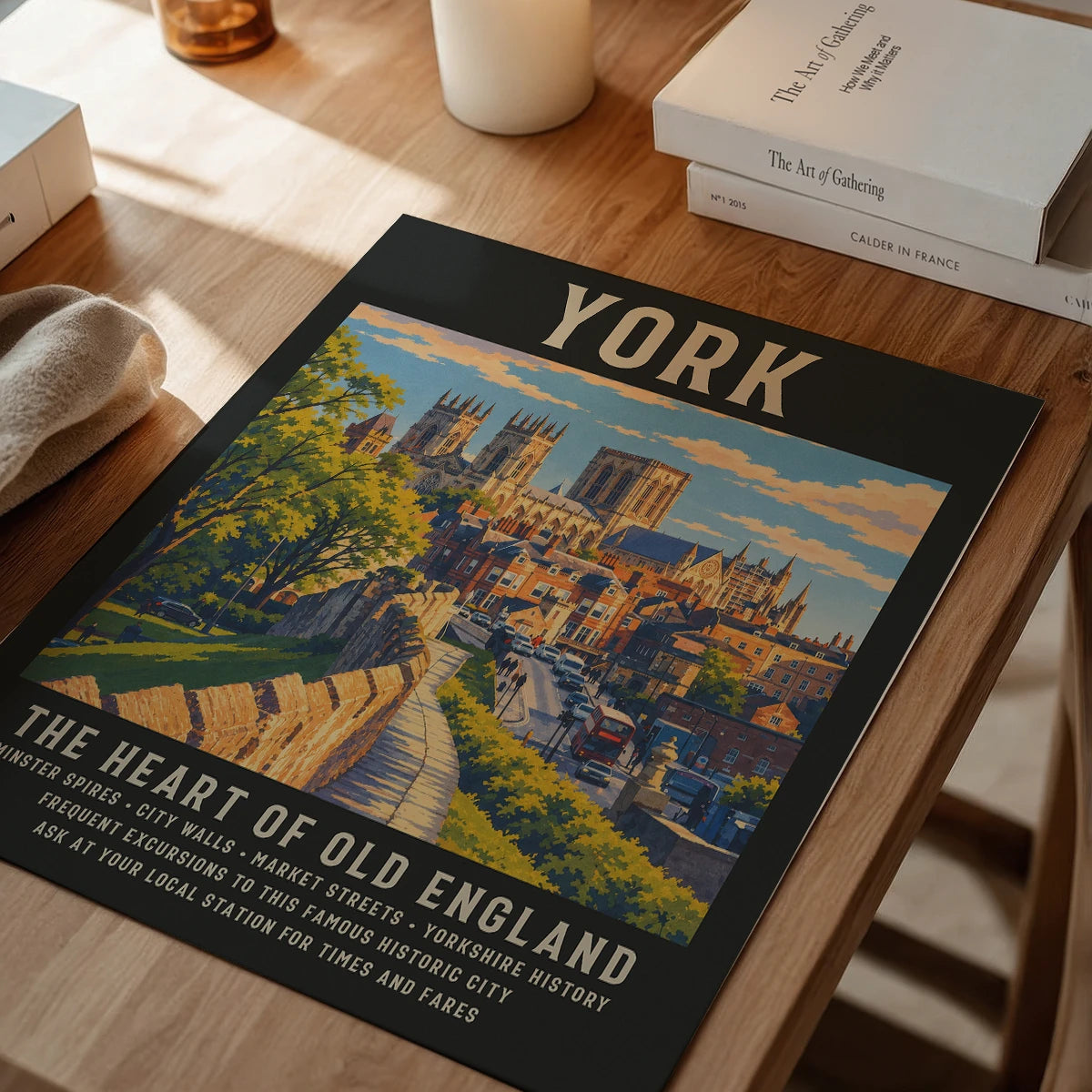 Vintage York travel poster print in a dining room, showing the Minster and old city walls