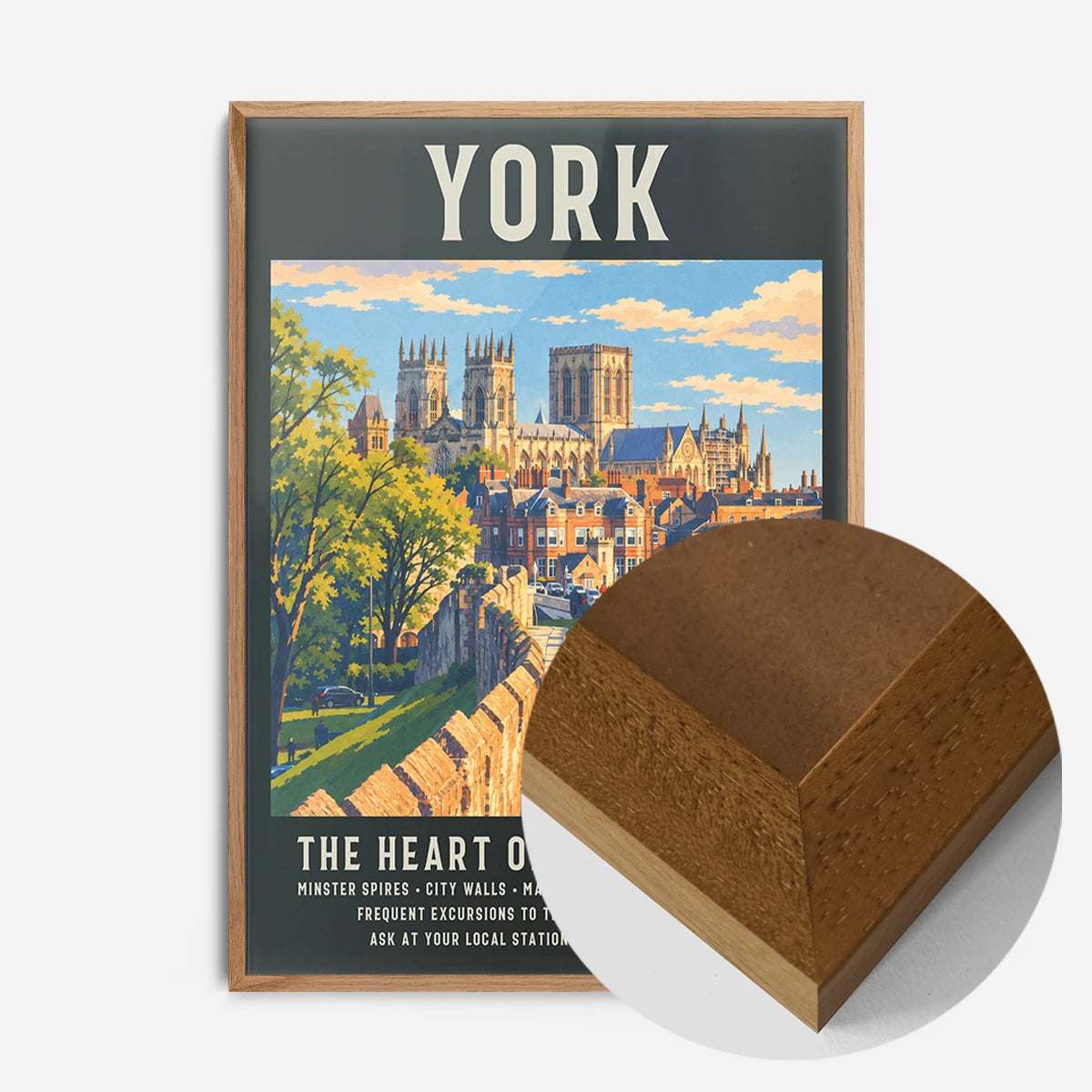 York Minster city walls print in an oak wood frame, side profile