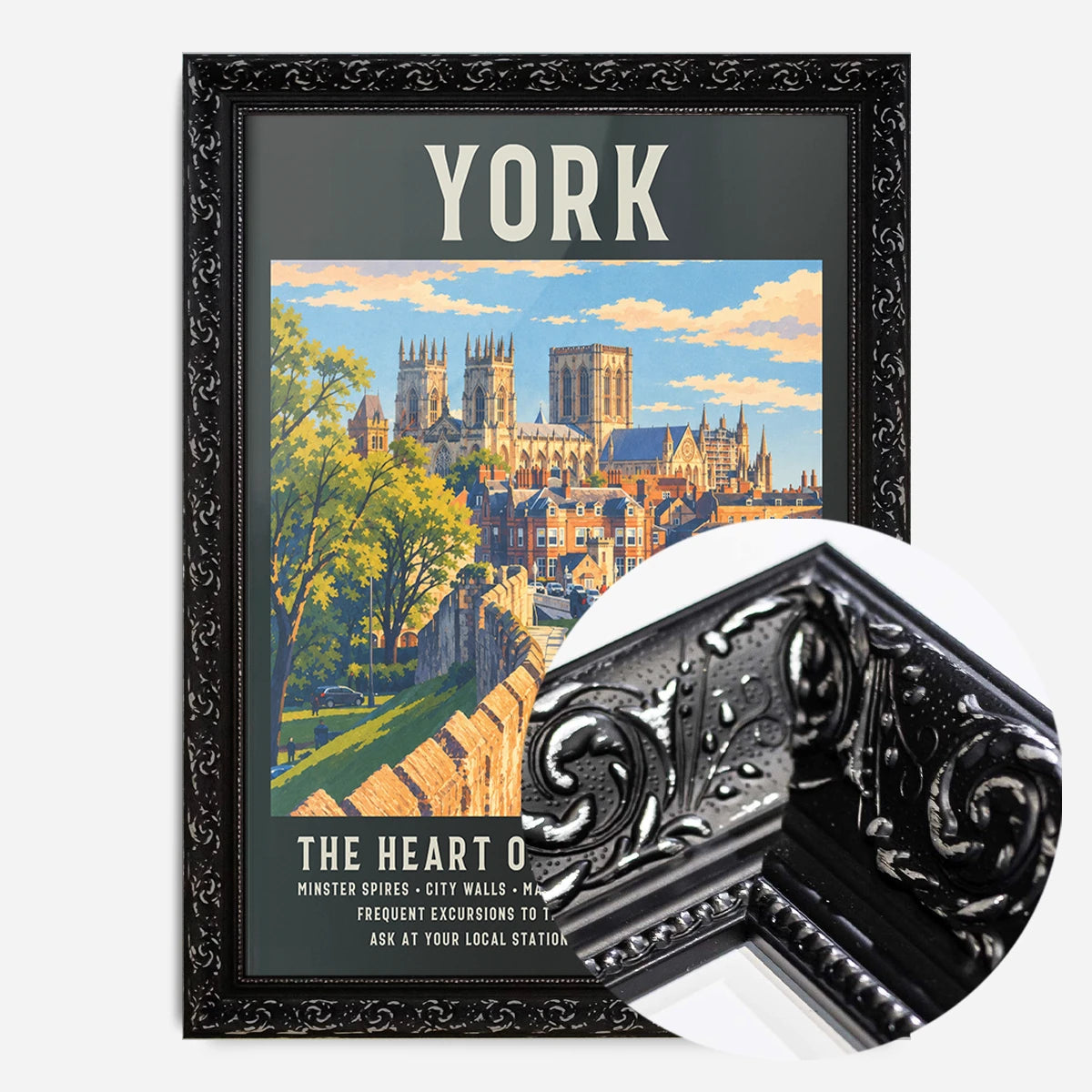 York Minster city walls print in a black ornate frame, side profile