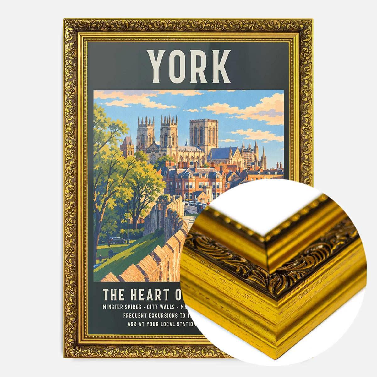 York Minster city walls print in a gold ornate frame, side profile