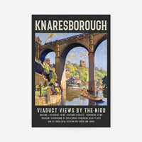 Vintage Knaresborough viaduct travel poster print with punt on the River Nidd and steam train, Yorkshire