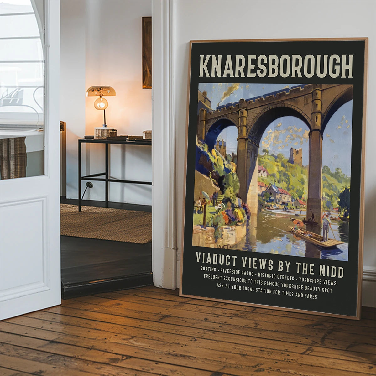 Knaresborough viaduct poster hung in a hallway, vintage railway travel artwork in portrait