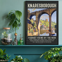 Knaresborough viaduct print on a home office wall, vintage rail poster style