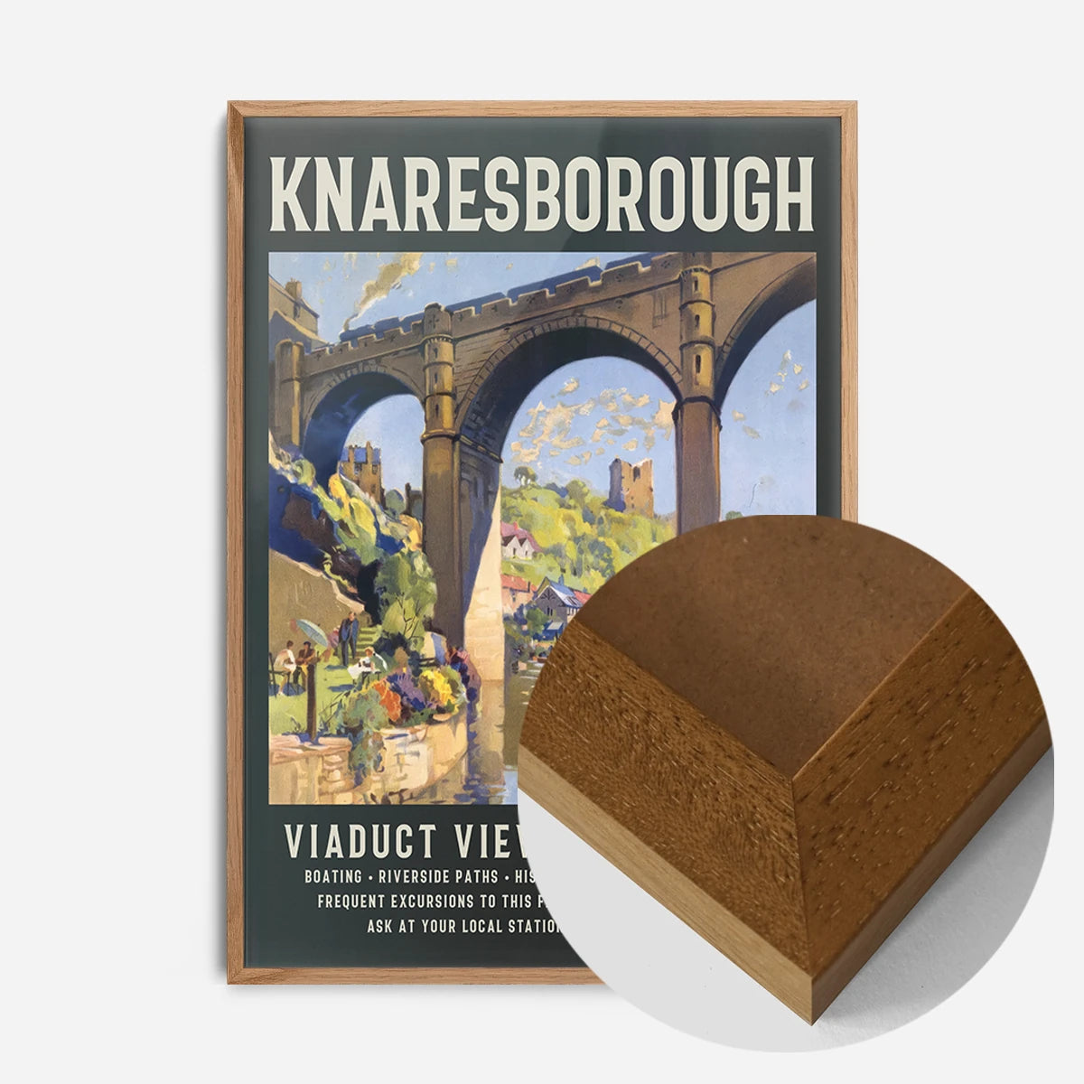 Knaresborough viaduct poster print in an oak wood frame, side profile