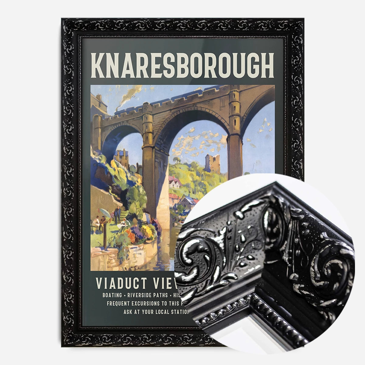 Knaresborough viaduct poster print in a black ornate frame, side profile