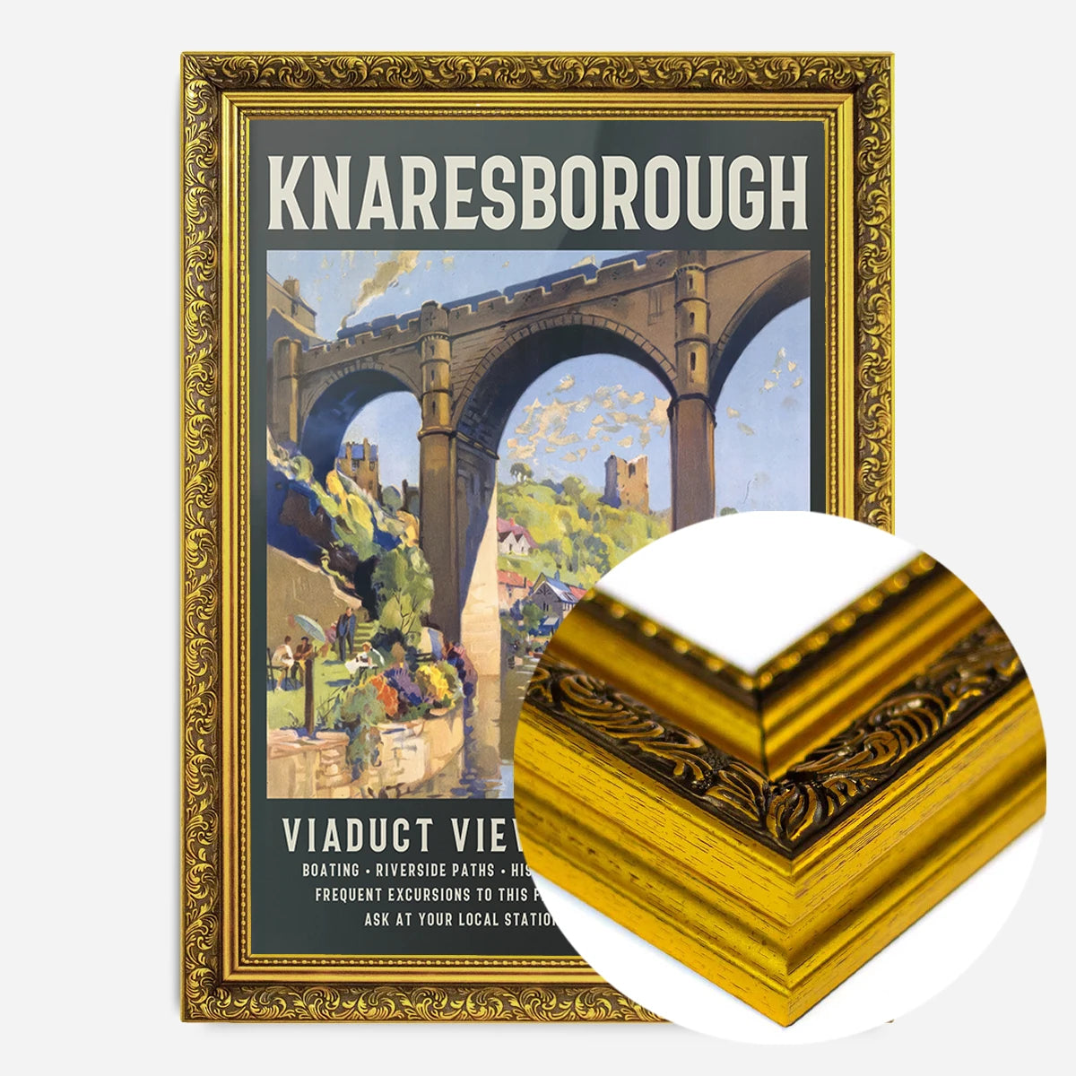 Knaresborough viaduct poster print in a gold ornate frame, side profile