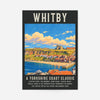 Vintage-style Whitby travel poster print of the abbey, harbour and sandy beach on the Yorkshire coast