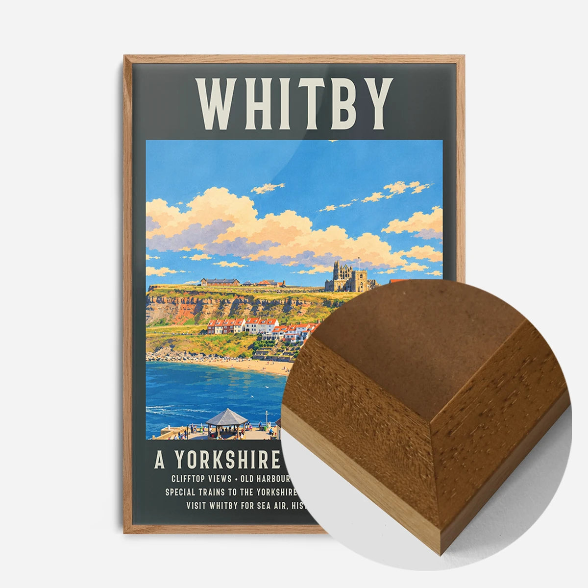 Whitby harbour travel poster print in an oak wood frame, side profile
