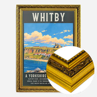 Whitby harbour travel poster print in a gold ornate frame, side profile