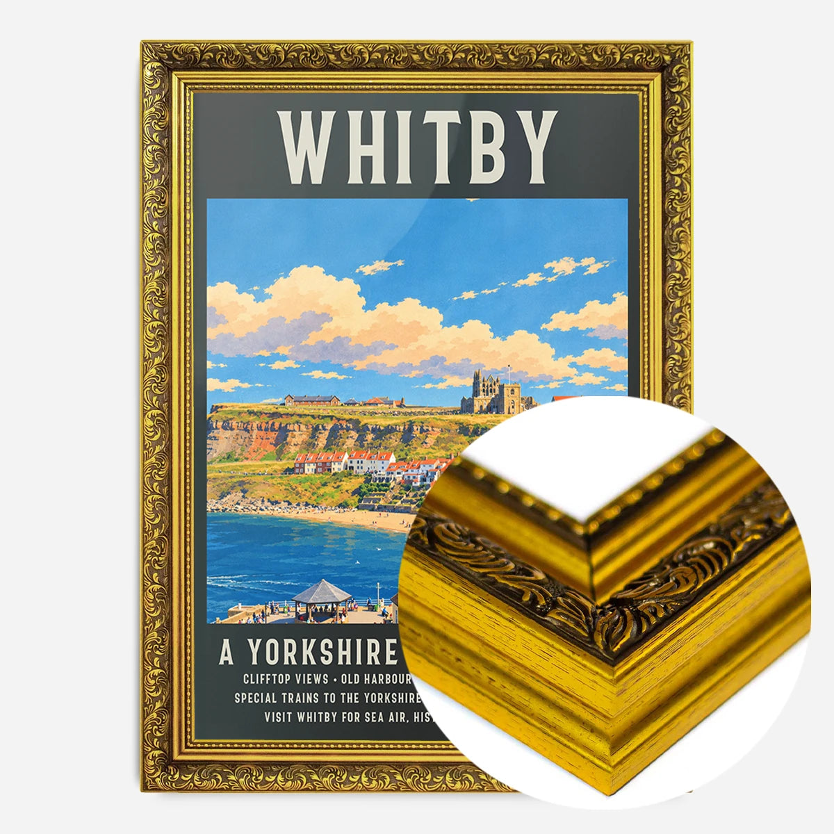 Whitby harbour travel poster print in a gold ornate frame, side profile