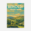 Yorkshire landscape print in vintage travel poster style with green hills, golden sky and Behold! lettering