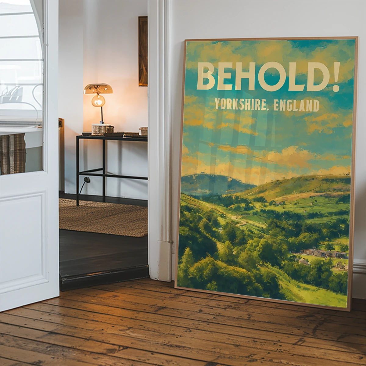 The print hung in a welcoming hallway as vintage travel style wall art