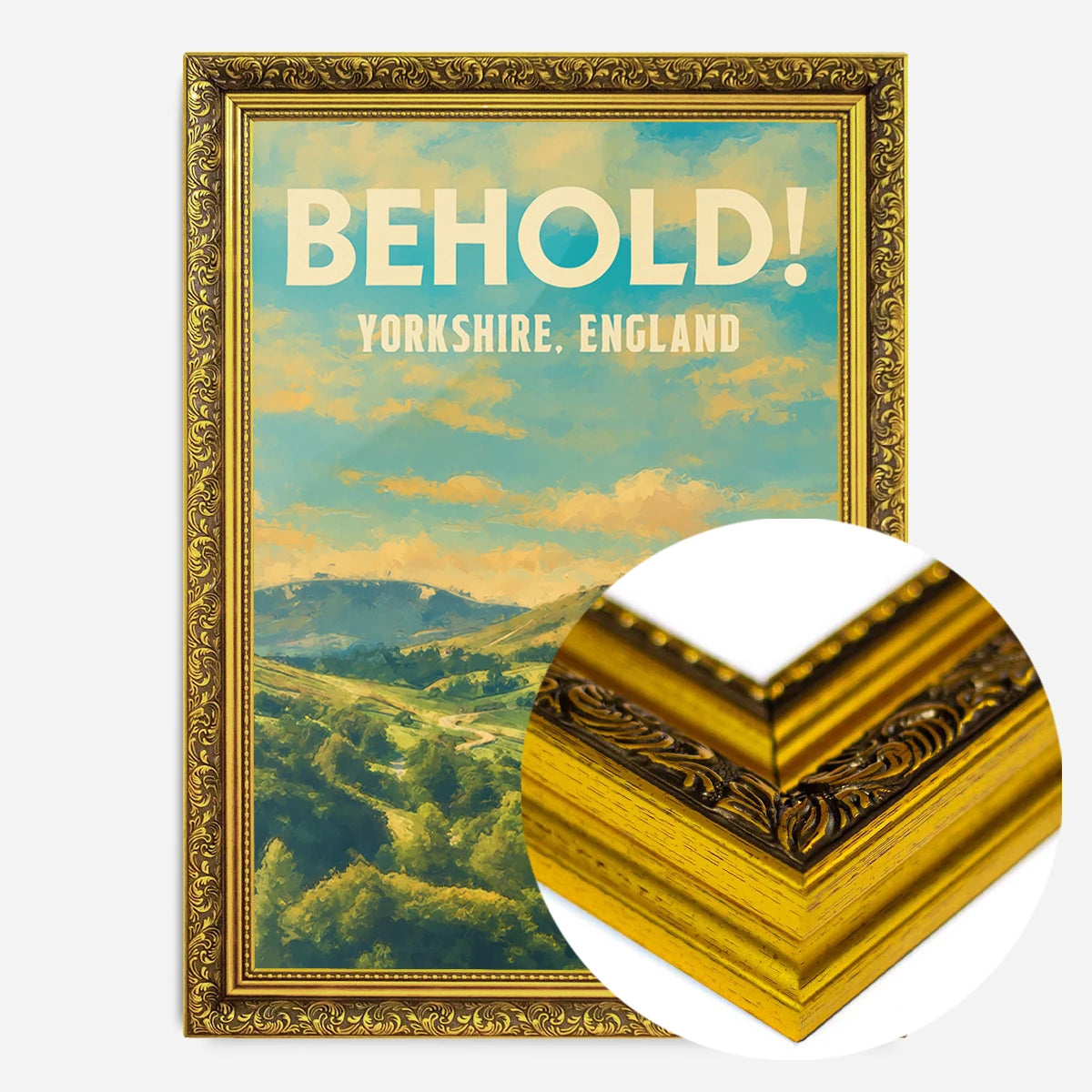 Yorkshire countryside landscape print in a gold ornate frame, side profile