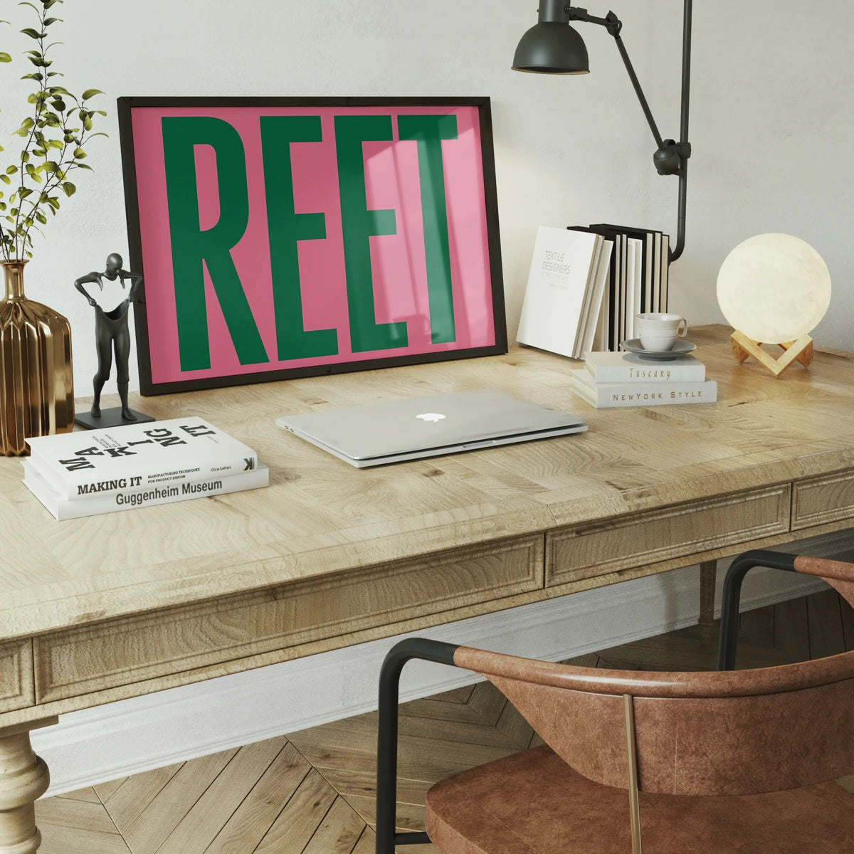 Reet typography print as a statement piece in a dining room