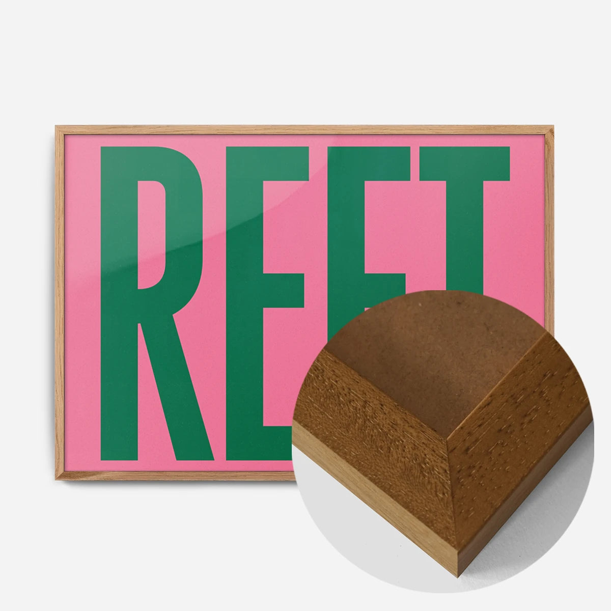 bold green reet typography print in an oak wood frame, side profile