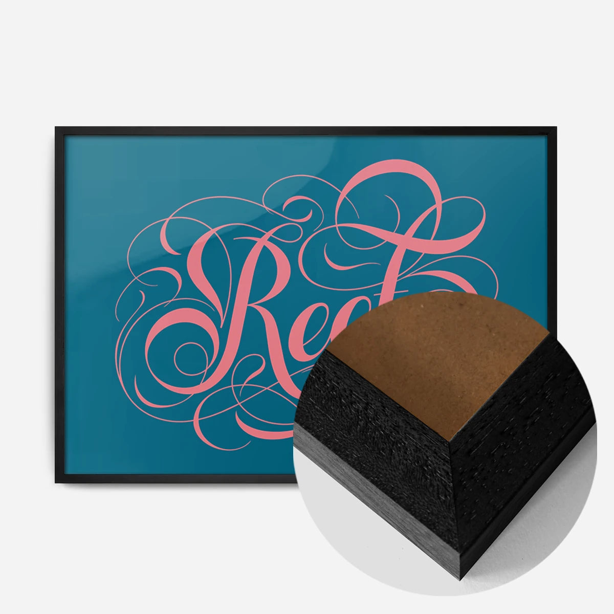 swirly calligraphy lettering print in a black wood frame, side profile