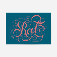 Reet typography print: swirly coral-pink calligraphy lettering with flourishes on a deep teal background