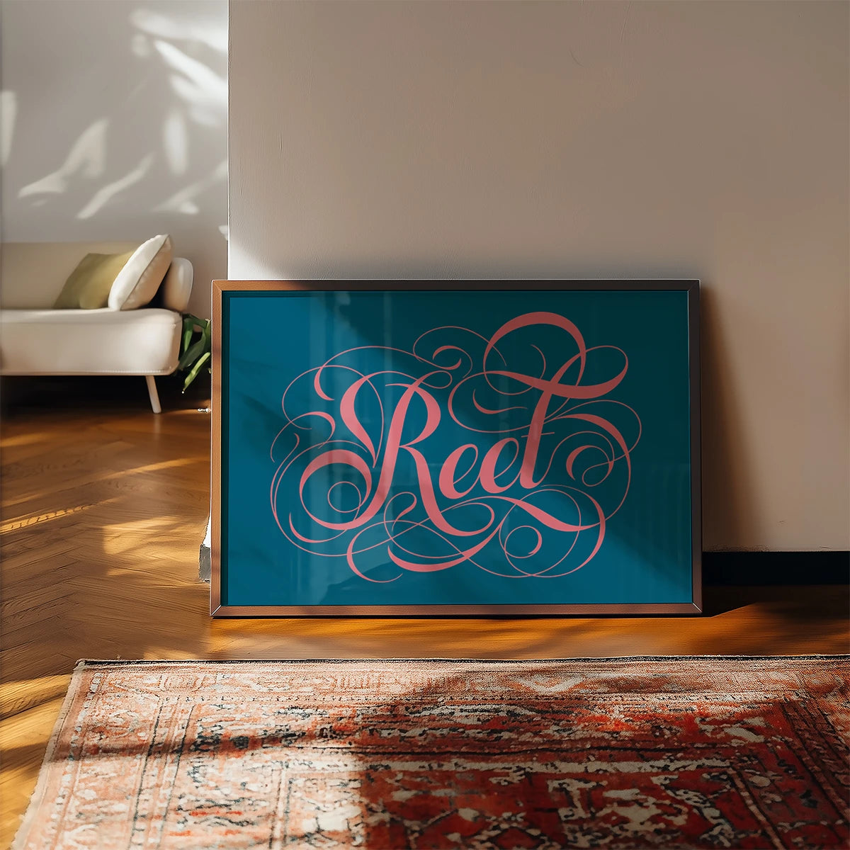Swirly calligraphy lettering print on a kitchen wall