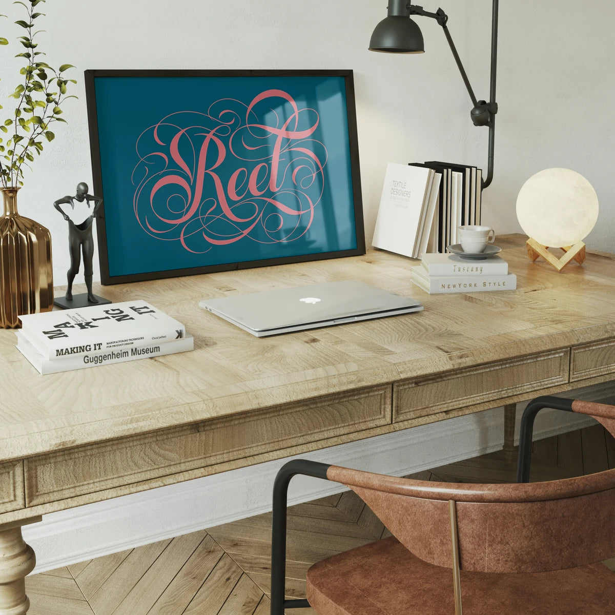 Reet typography print displayed in a dining room