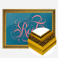 swirly calligraphy lettering print in a gold ornate frame, side profile