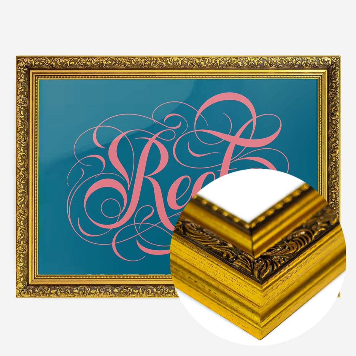 swirly calligraphy lettering print in a gold ornate frame, side profile