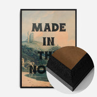 typography castle landscape print in a black wood frame, side profile