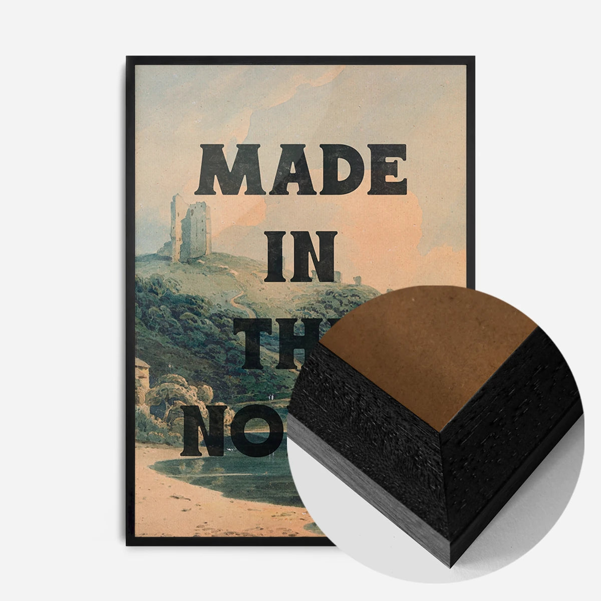 typography castle landscape print in a black wood frame, side profile