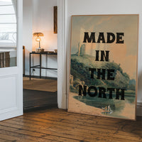Typography castle landscape print hung in a welcoming hallway
