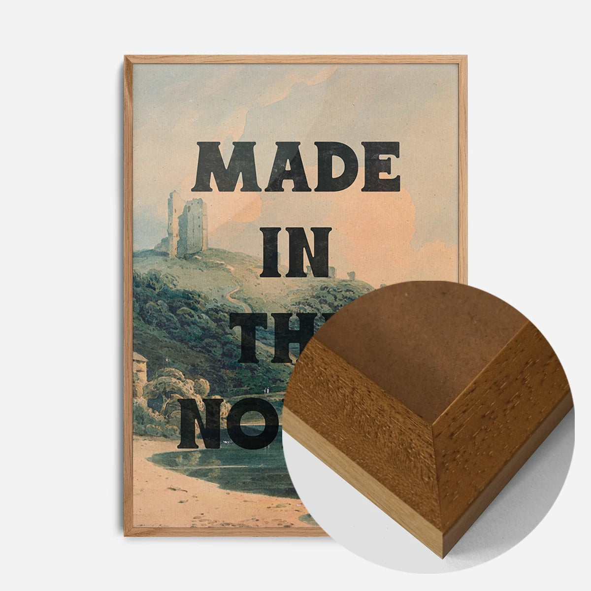 typography castle landscape print in an oak wood frame, side profile