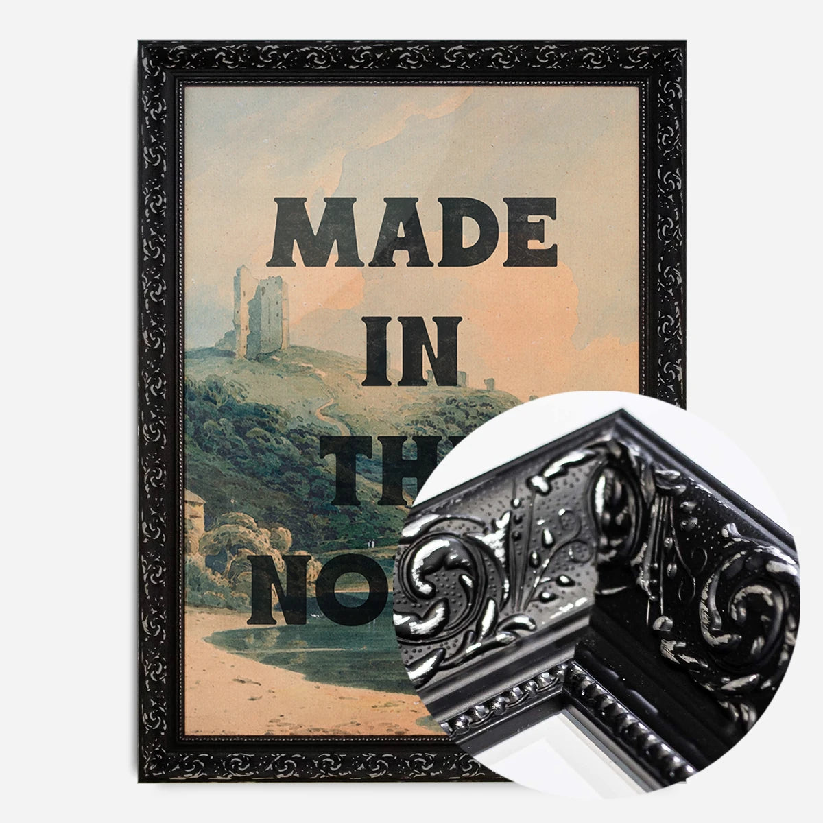 typography castle landscape print in a black ornate frame, side profile