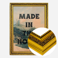 typography castle landscape print in a gold ornate frame, side profile