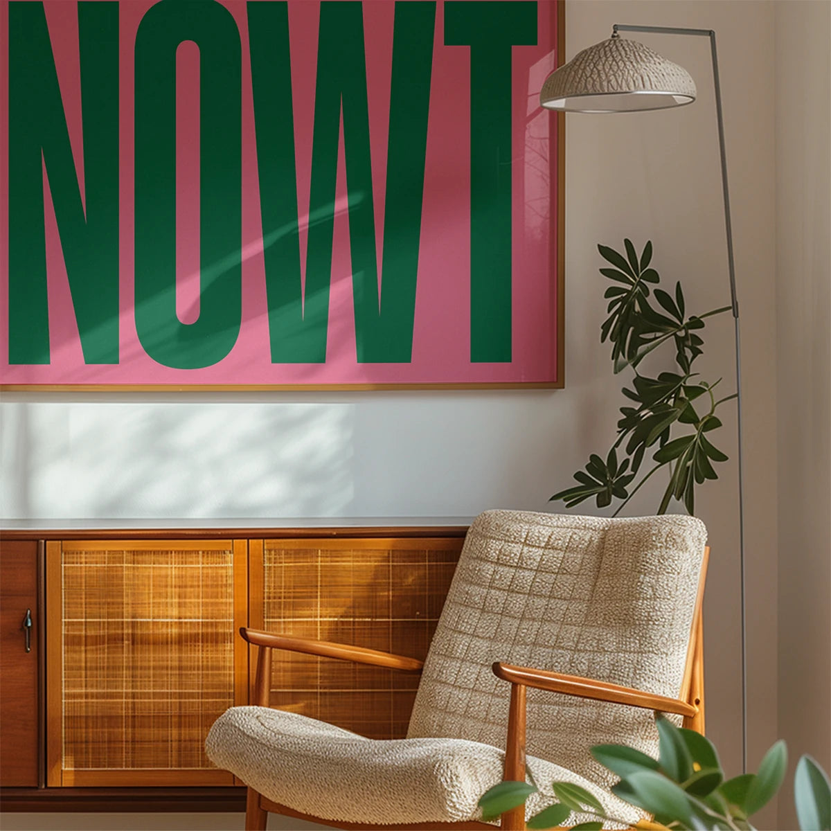 Nowt print, a bold northern slang poster, on a bedroom wall