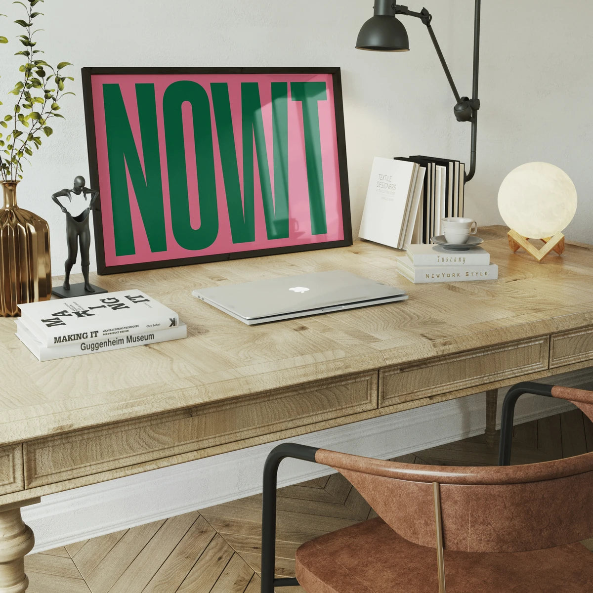 Landscape typography print with giant green letters in a dining room